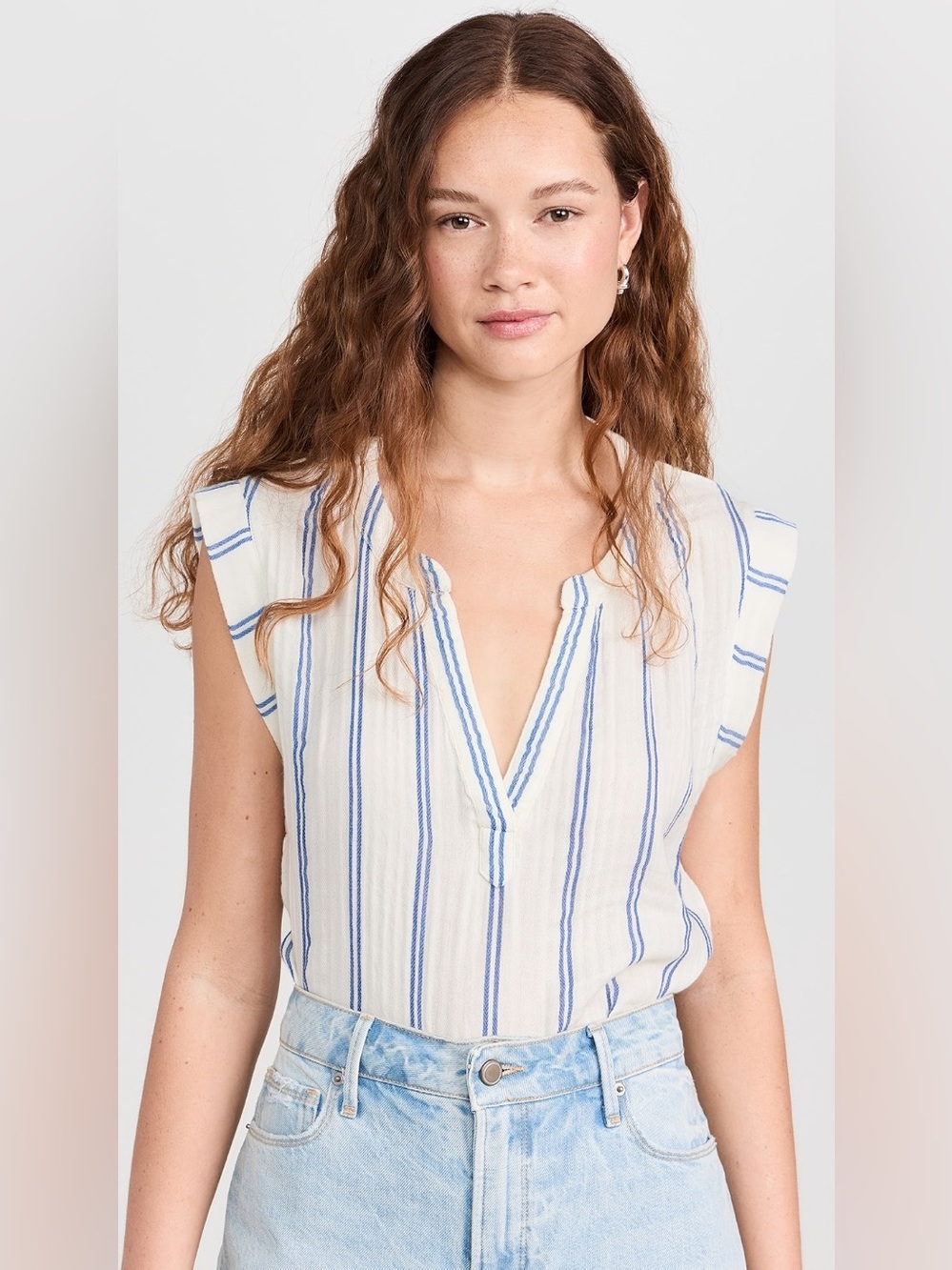 Faherty White Blouse with Blue Vertical Stripes